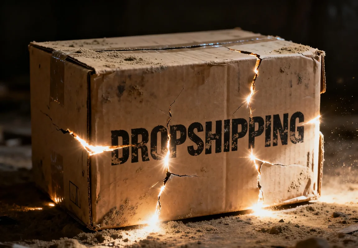 Cracked dropshipping box representing market challenges on Shopify
