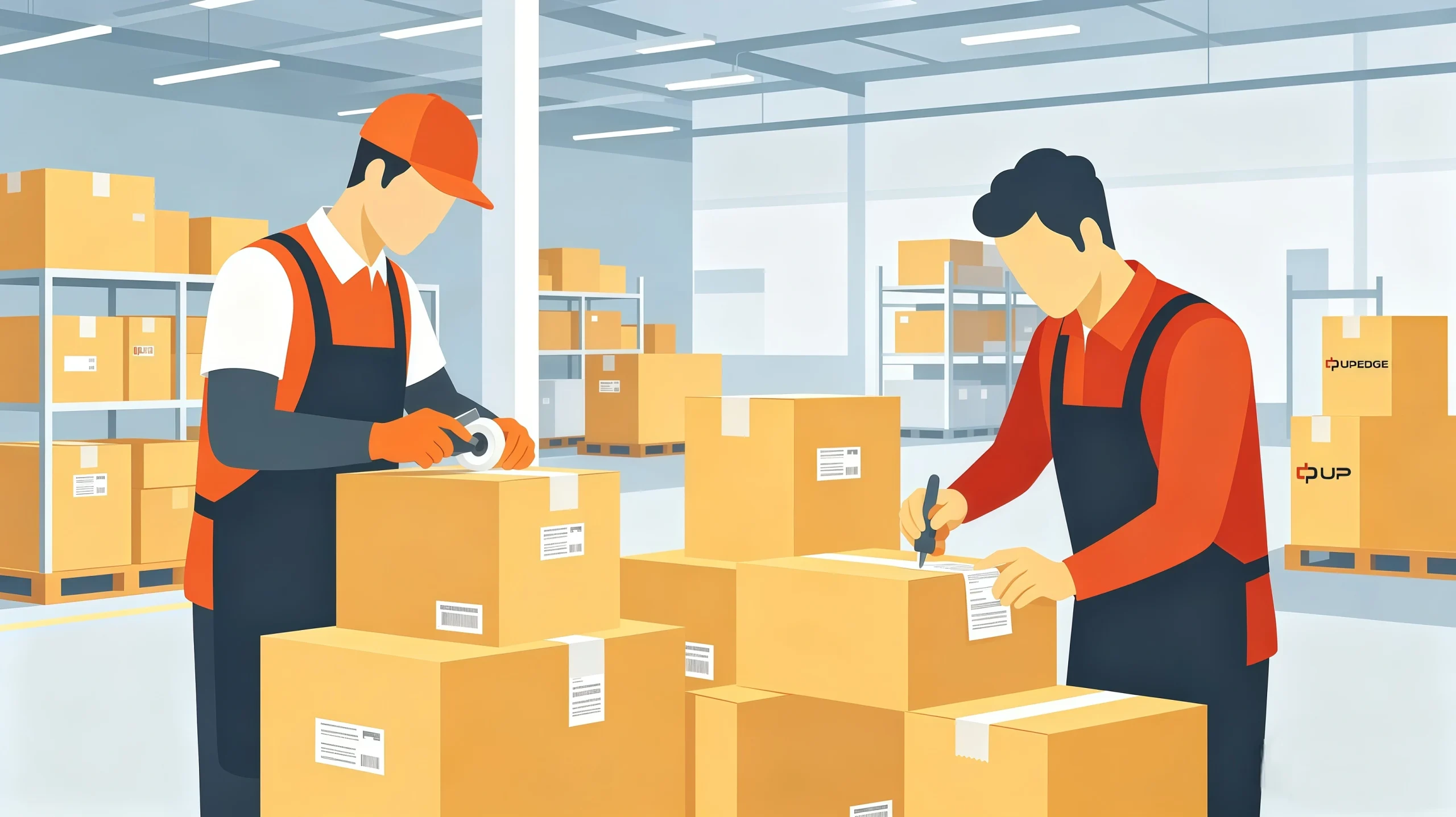 Dropshipping agent service team packing and labeling orders in a warehouse