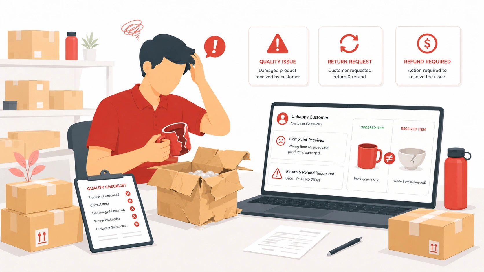 Product quality issues causing damaged items, customer complaints, returns, and refunds