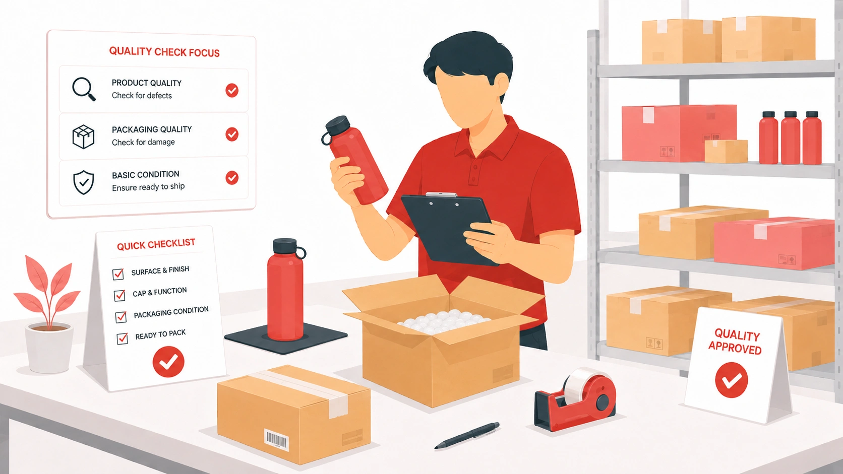 Basic quality check service with product defect review, packaging inspection, and ready-to-pack approval