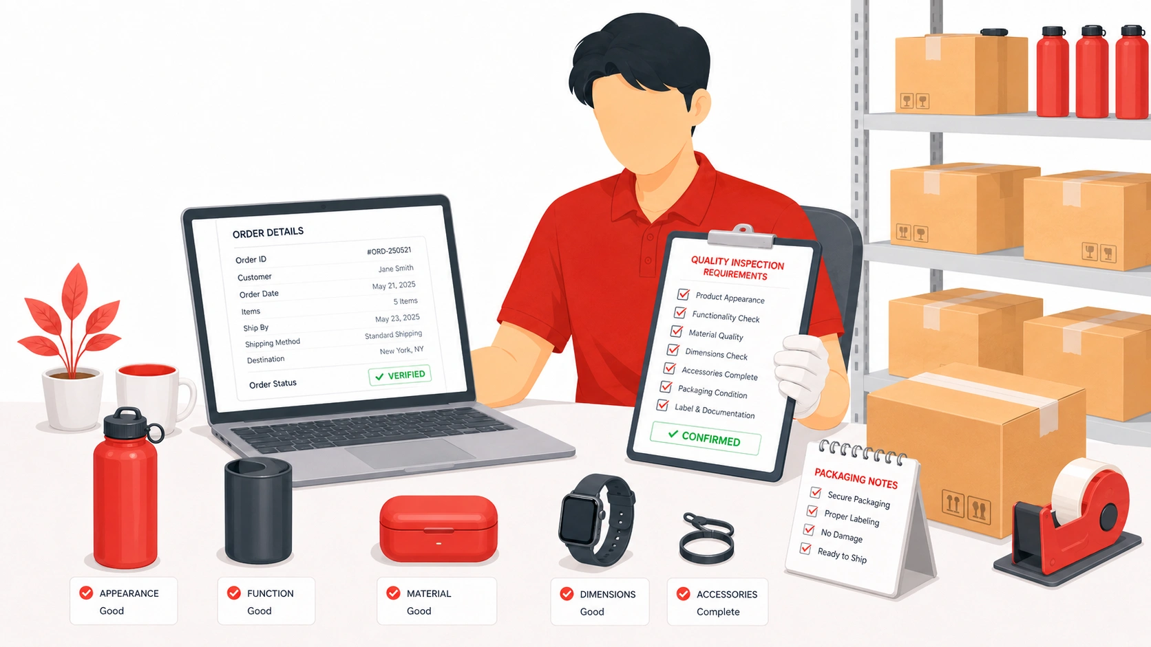 Confirm quality inspection requirements with product appearance, function, material, dimensions, and packaging checks