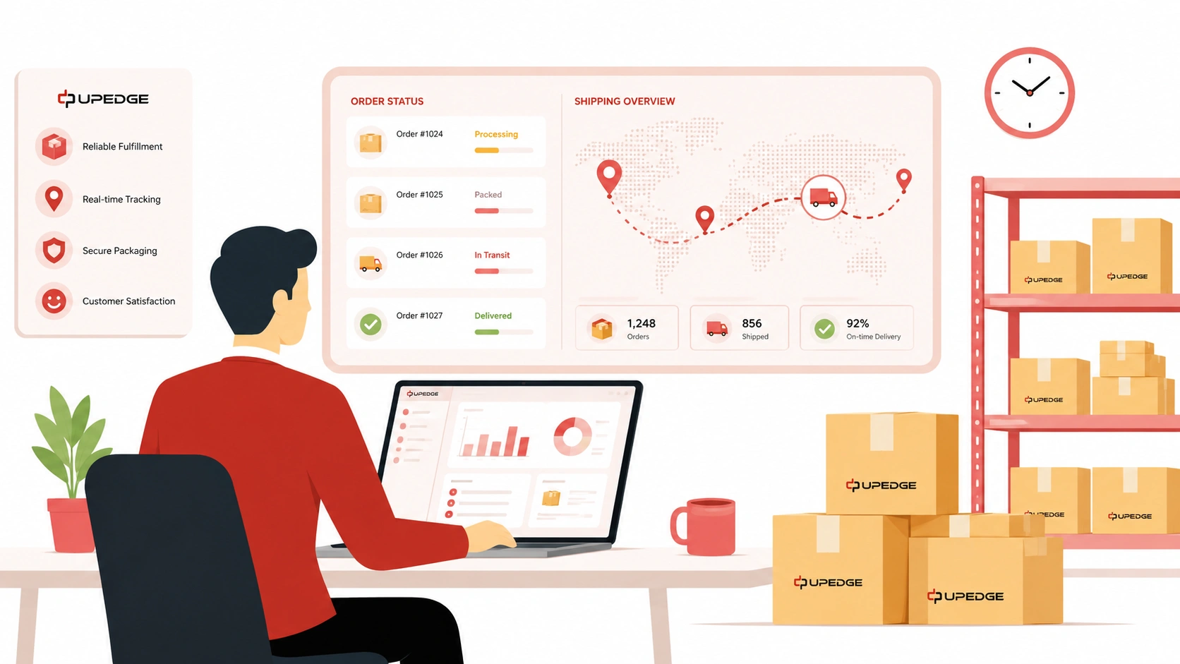 Dropshipping solutions dashboard with order tracking, reliable fulfillment, secure packaging, and shipping overview