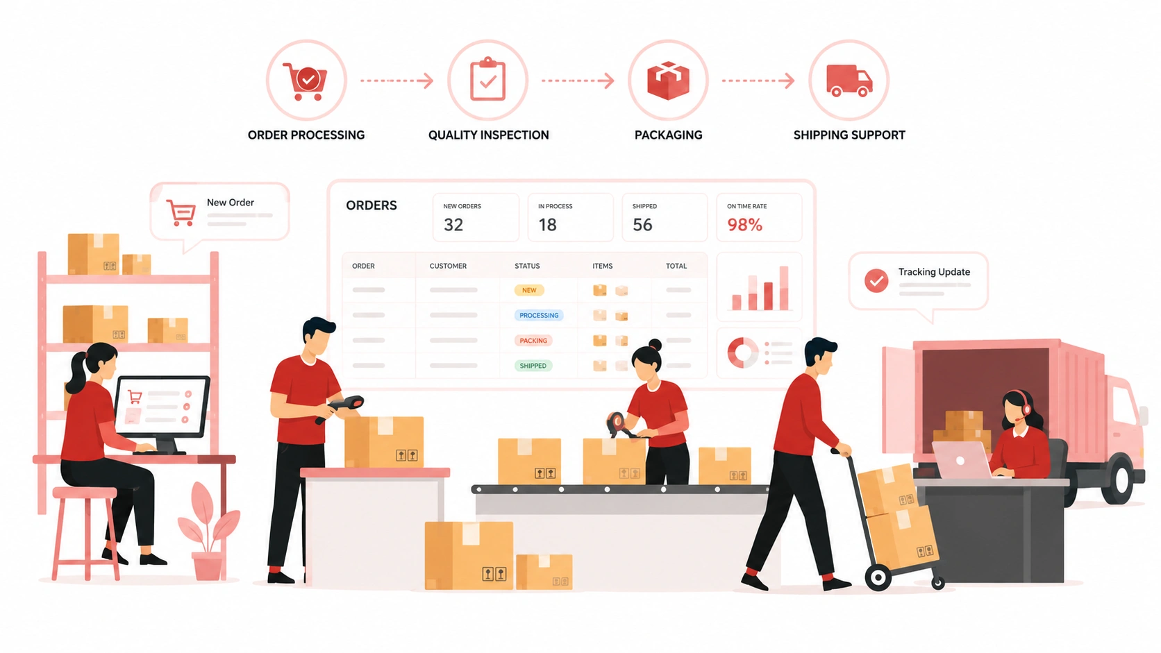 Improve dropshipping operations with order processing, quality inspection, packaging, and shipping support