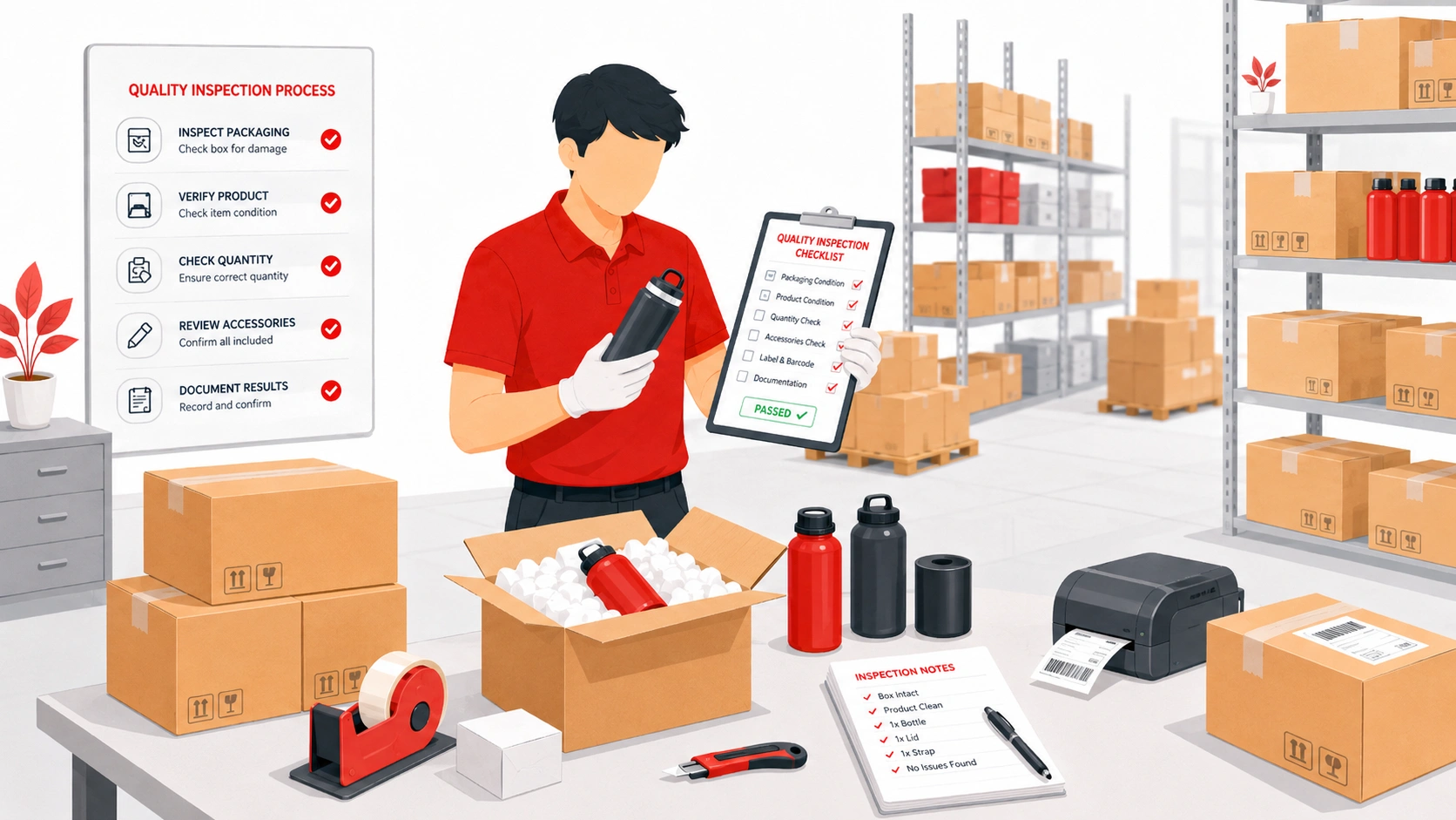 Inspect products before shipping with packaging check, quantity verification, and quality inspection checklist
