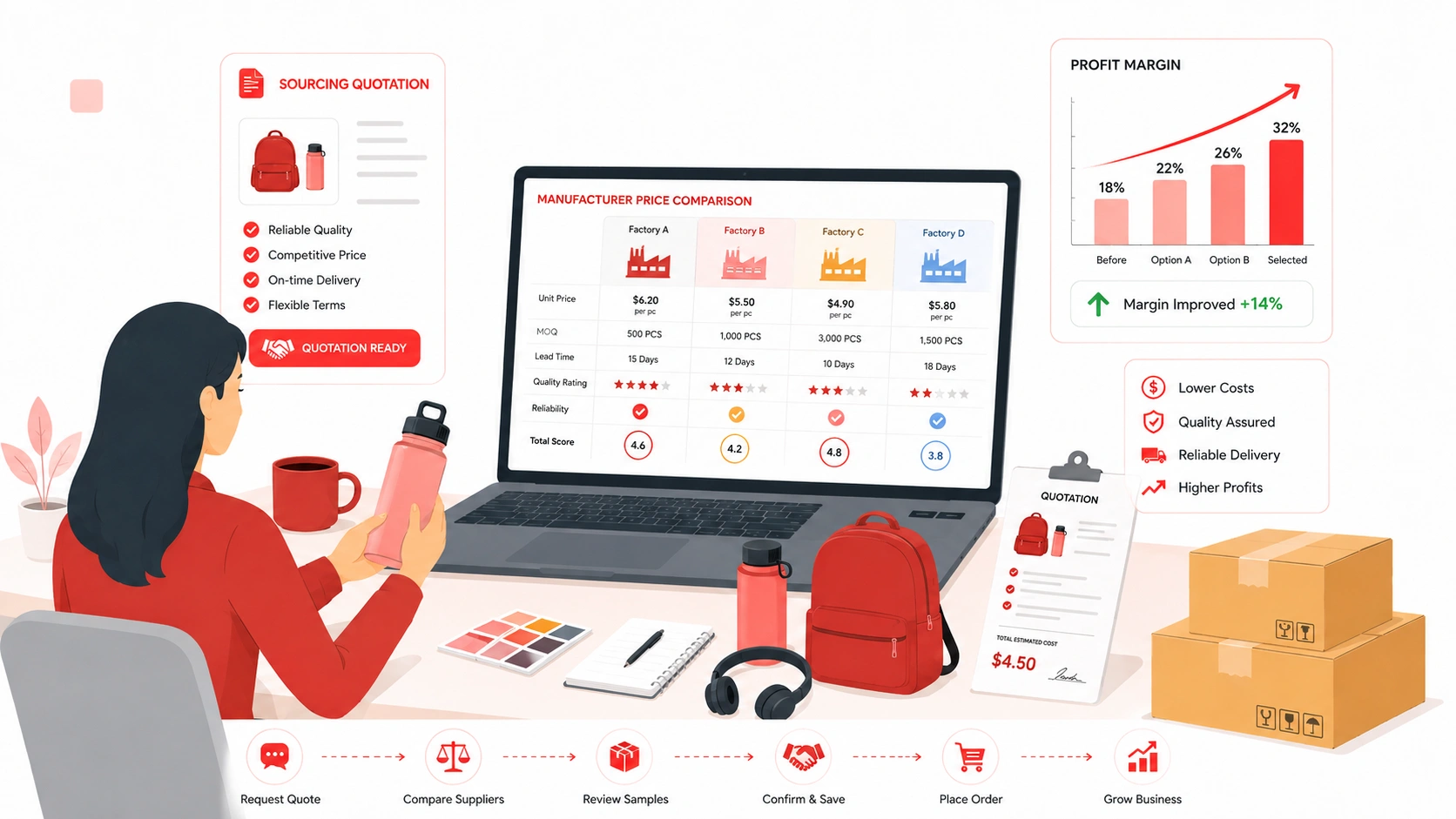 Lower product costs by improving sourcing process with manufacturer price comparison and profit margin analysis