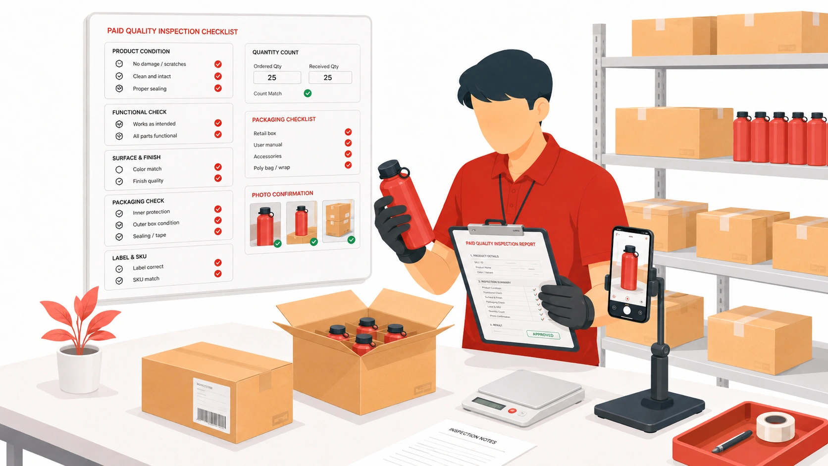 Paid quality inspection service with detailed checklist, product testing, quantity check, and photo report