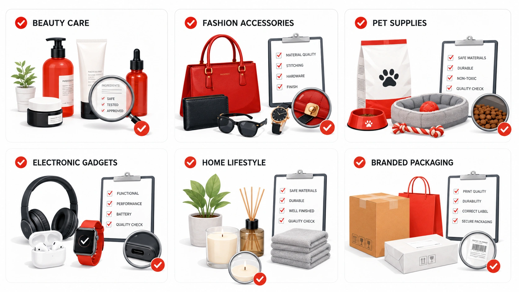 Products that need quality inspection including beauty care, fashion accessories, pet supplies, electronics, home goods, and branded packaging