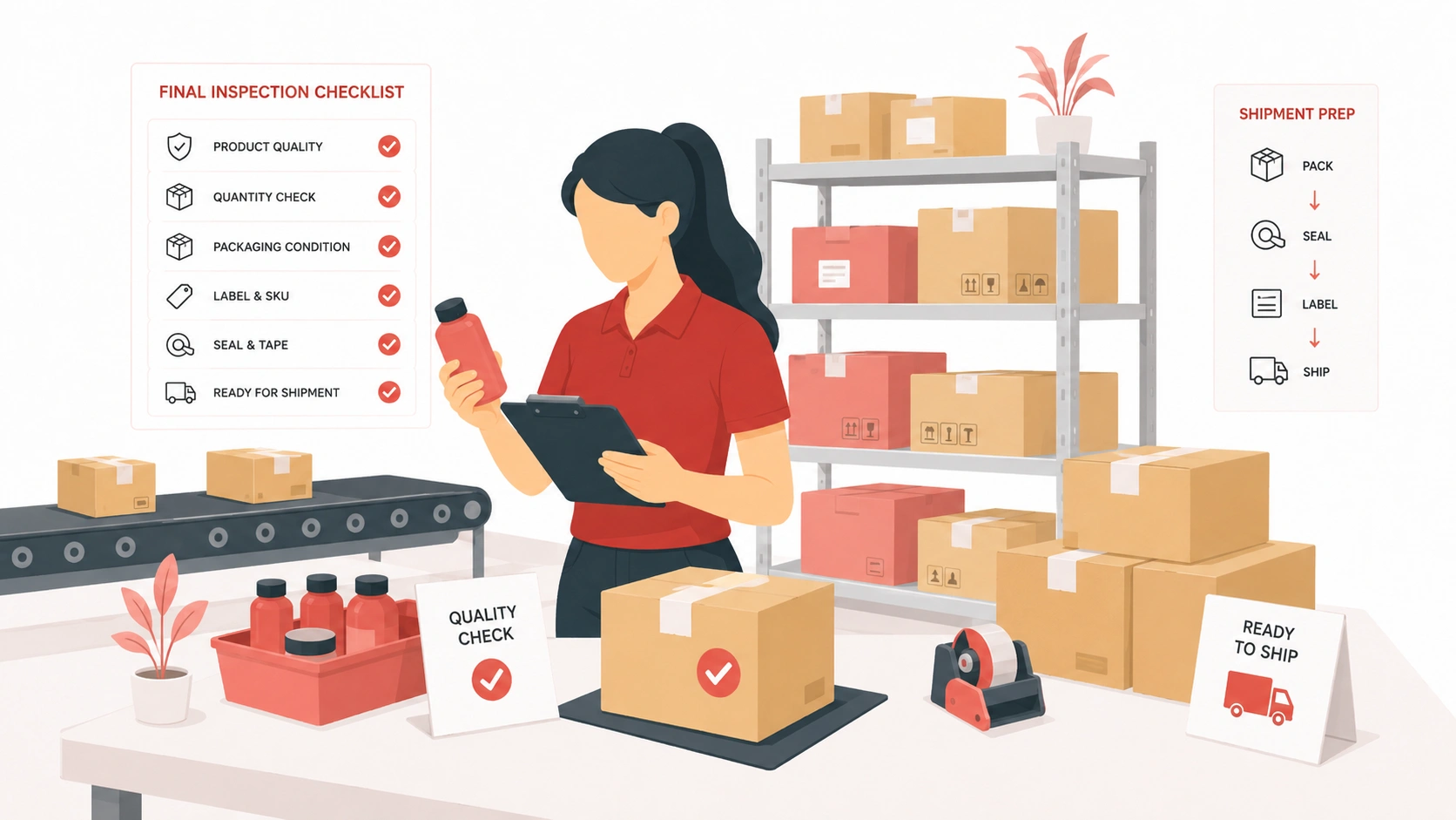 Quality inspection service with product quality check, packaging inspection, and shipment preparation