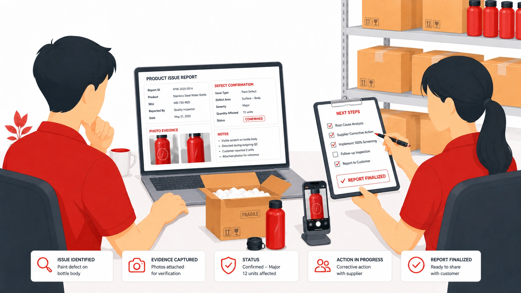 Report quality inspection issues with photo evidence, defect confirmation, and corrective solutions