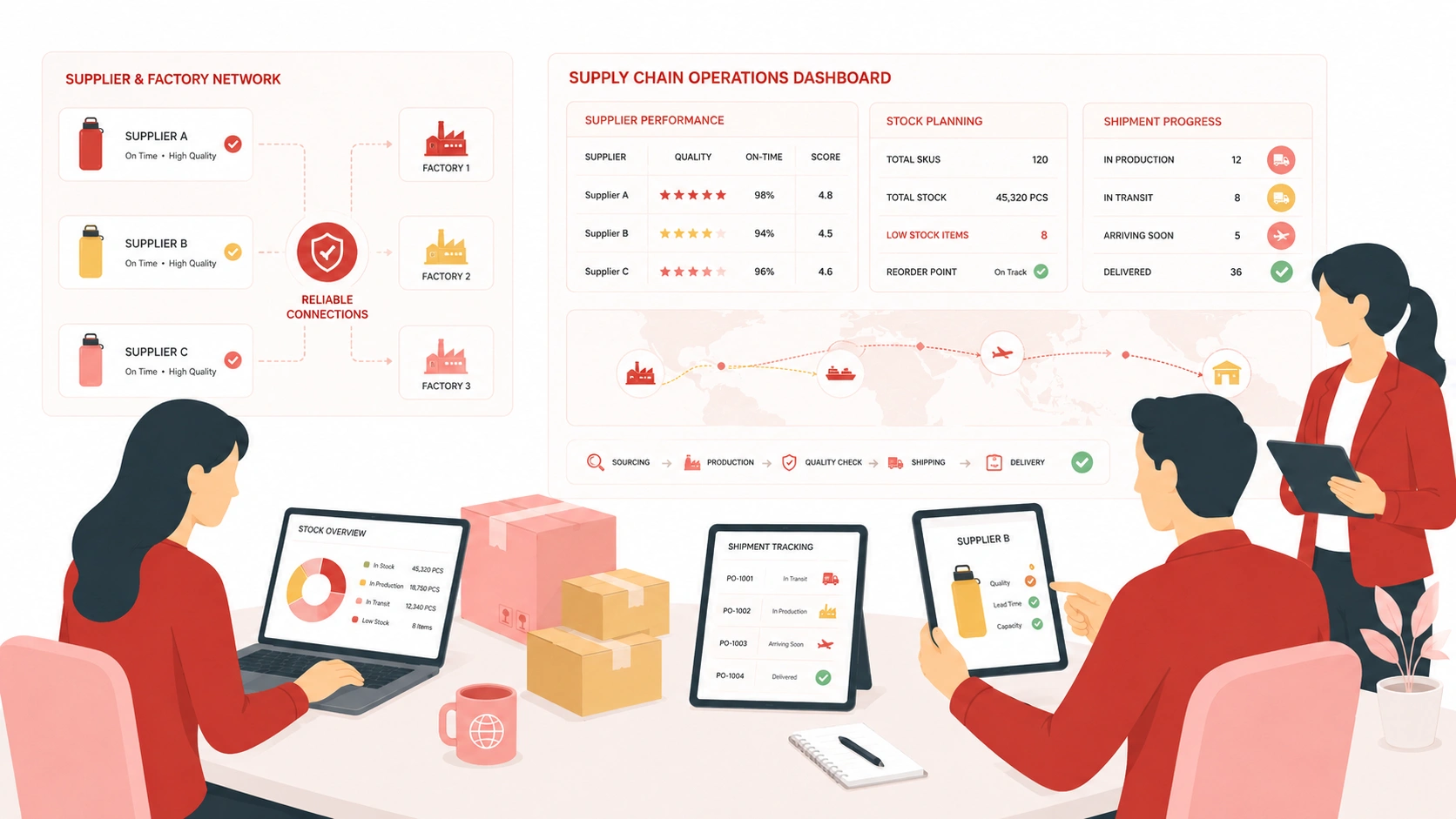 Secure and stable product supply with supplier management, stock planning, and shipment tracking