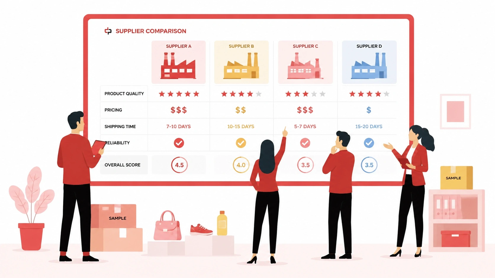Supplier research and comparison in product sourcing with quality, pricing, shipping time, and reliability review