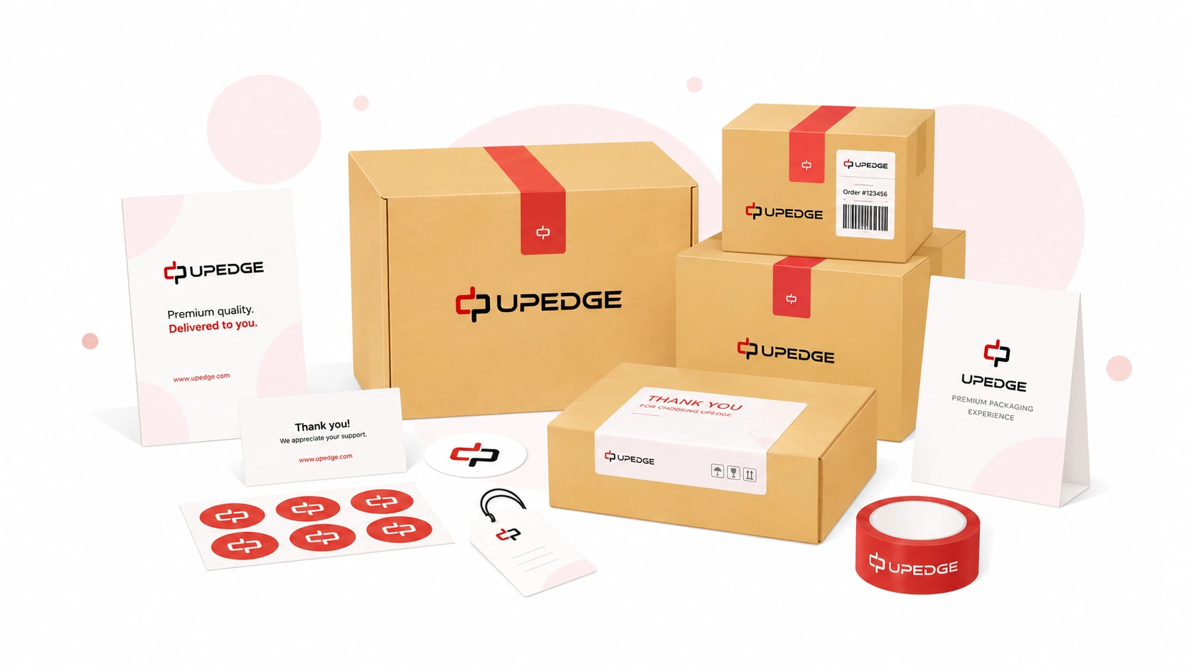 Turn generic packages into a brand experience with custom packaging, thank-you cards, logo stickers, and branded tape
