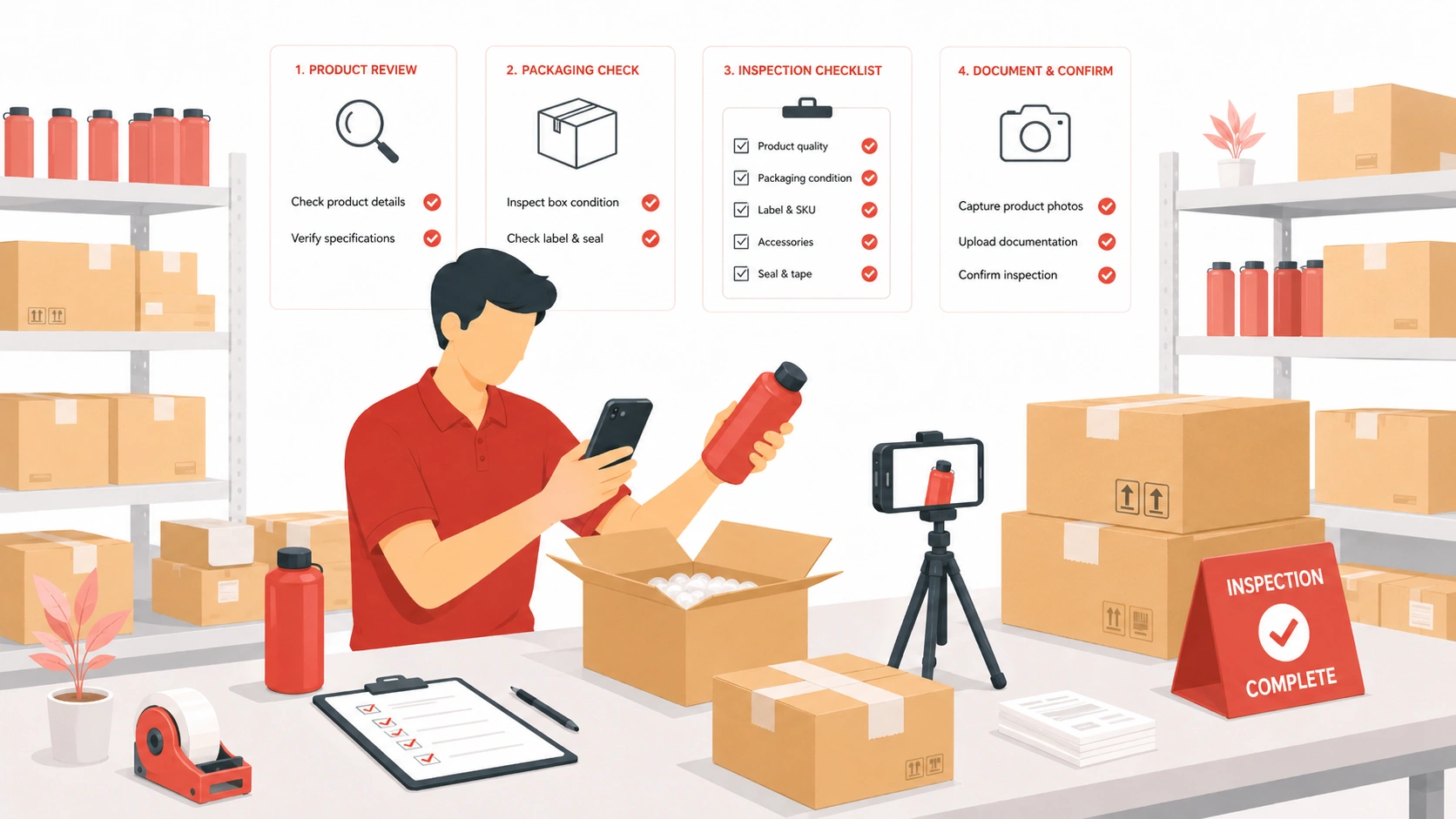 Product quality inspection service with product review, packaging check, checklist, and photo confirmation