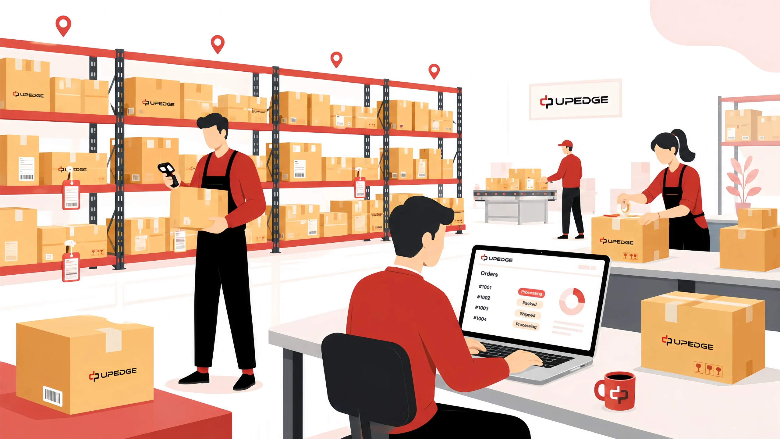 Homepage-Banner mit Dropshipping-Logistikzentrum mit Auftragsverwaltung, Verpackung und Bestandsverfolgung