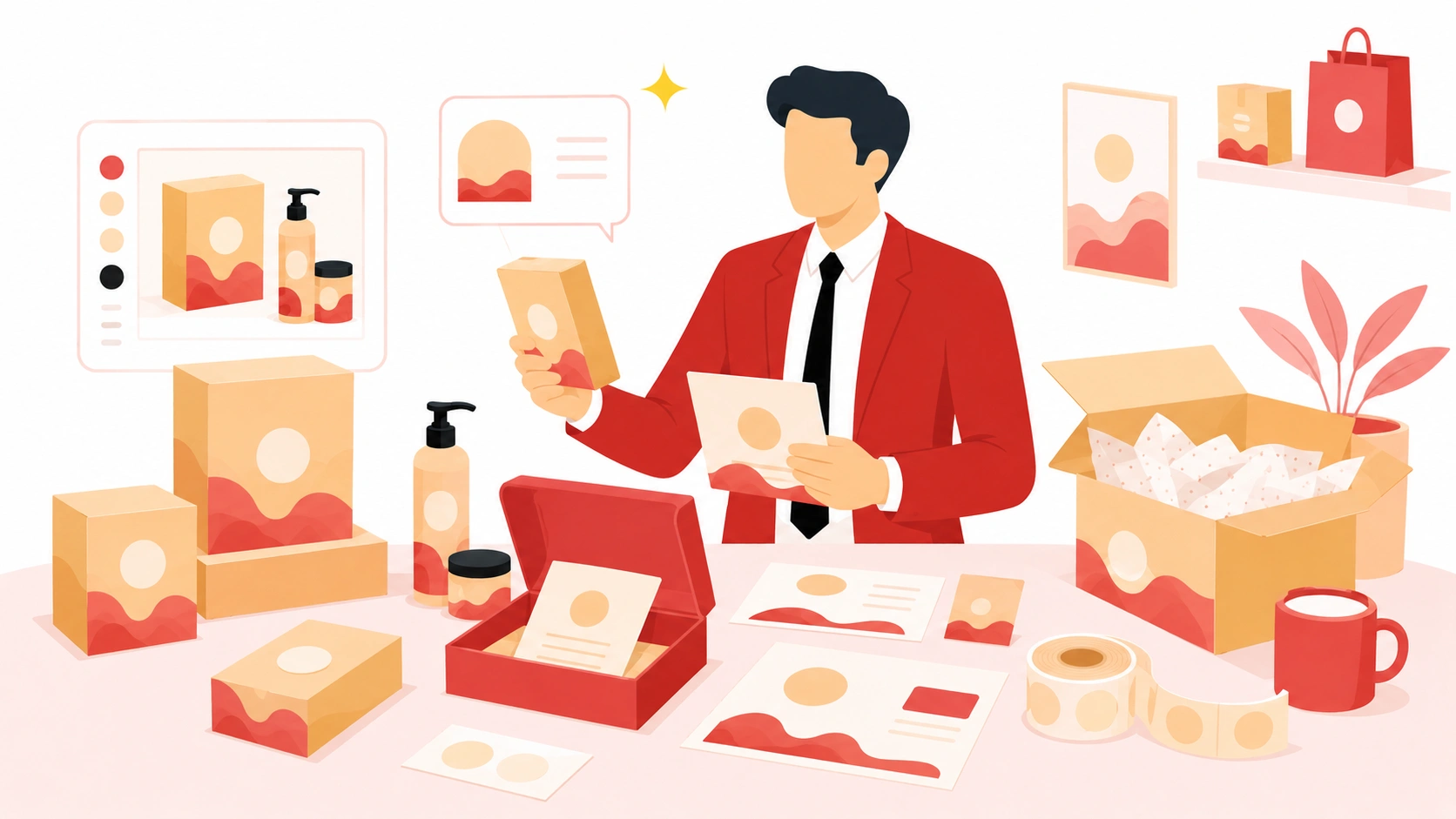 Private label dropshipping verkoper die productverpakkingen en merkontwerpen beoordeelt voor online winkel