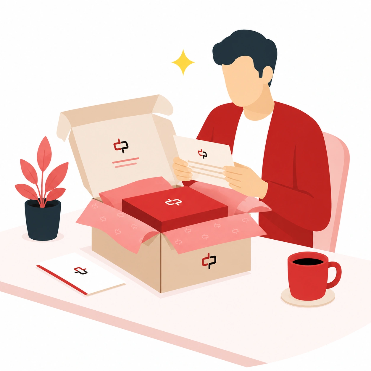 Private label dropshipping klant die een merkverpakking opent en een gepersonaliseerde kaart leest