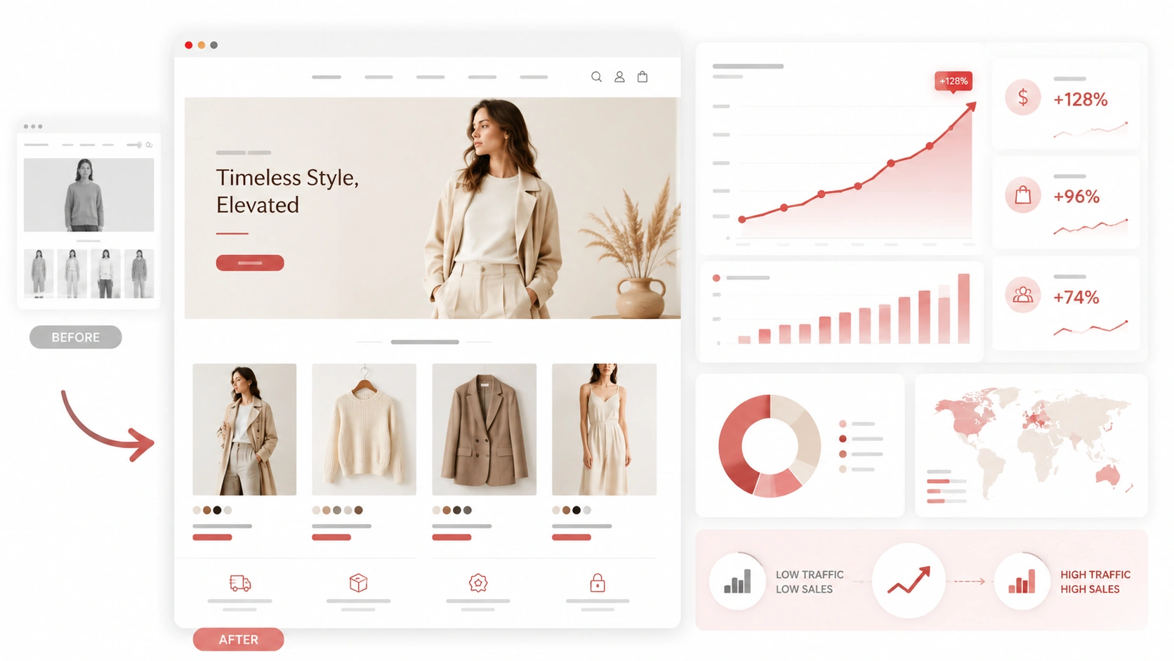 Shopify success story case study showing Emily J fashion retailer store redesign with before and after performance growth dashboard and analytics