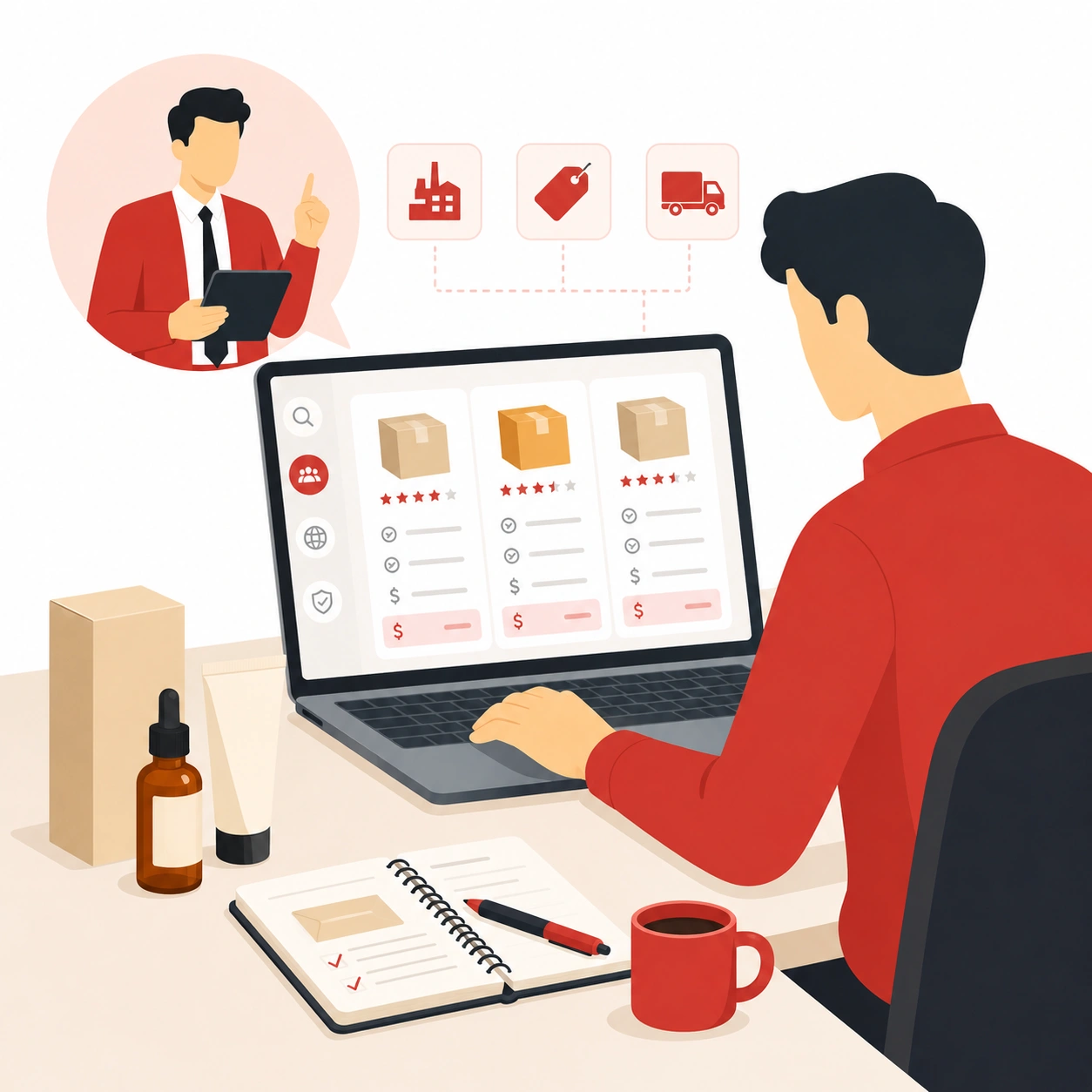 Shopify seller comparing products, suppliers, pricing, and shipping options to find better products