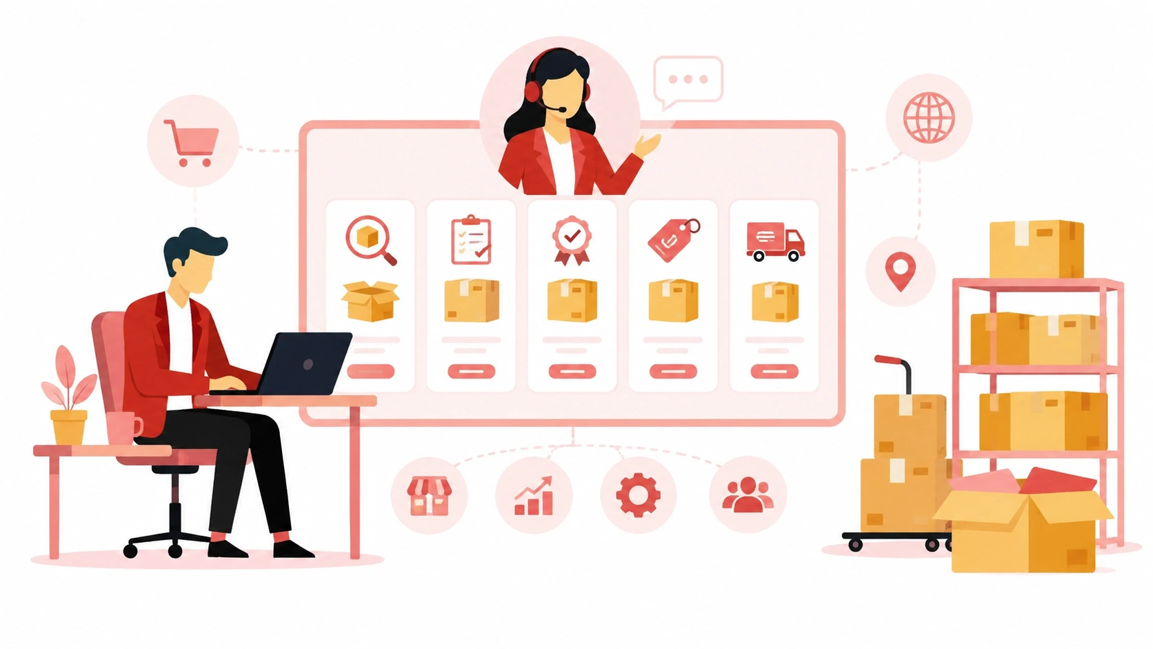 Shopify Help Center banner showing store support, order management, fulfillment, and customer service