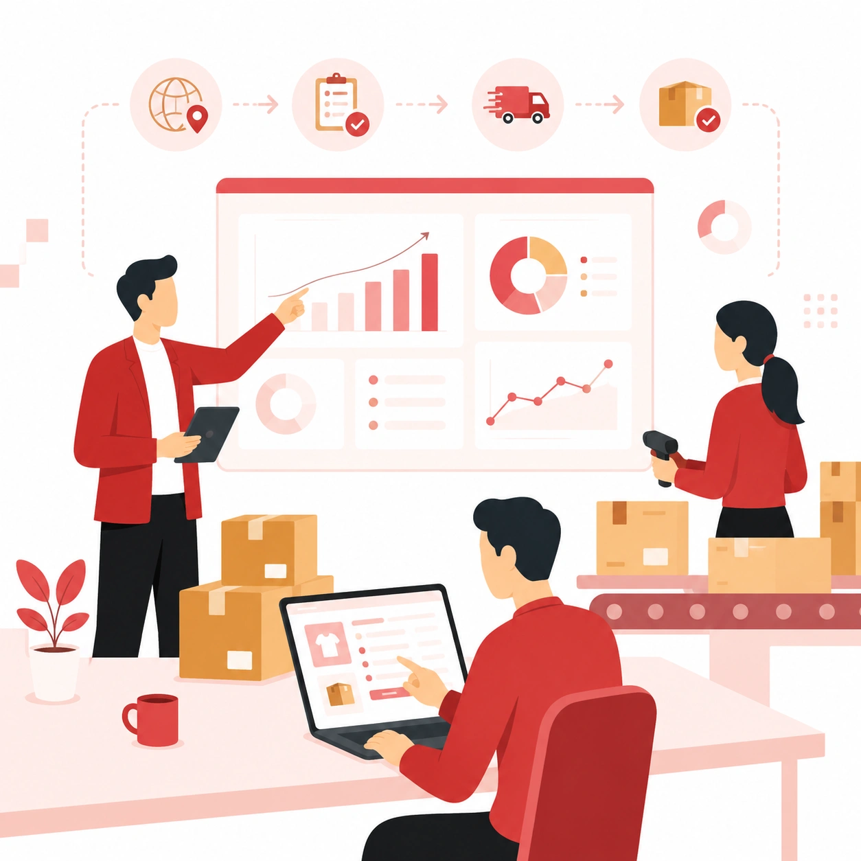 Dropshipping partner team analyzing ecommerce growth dashboard and logistics for growing ecommerce businesses