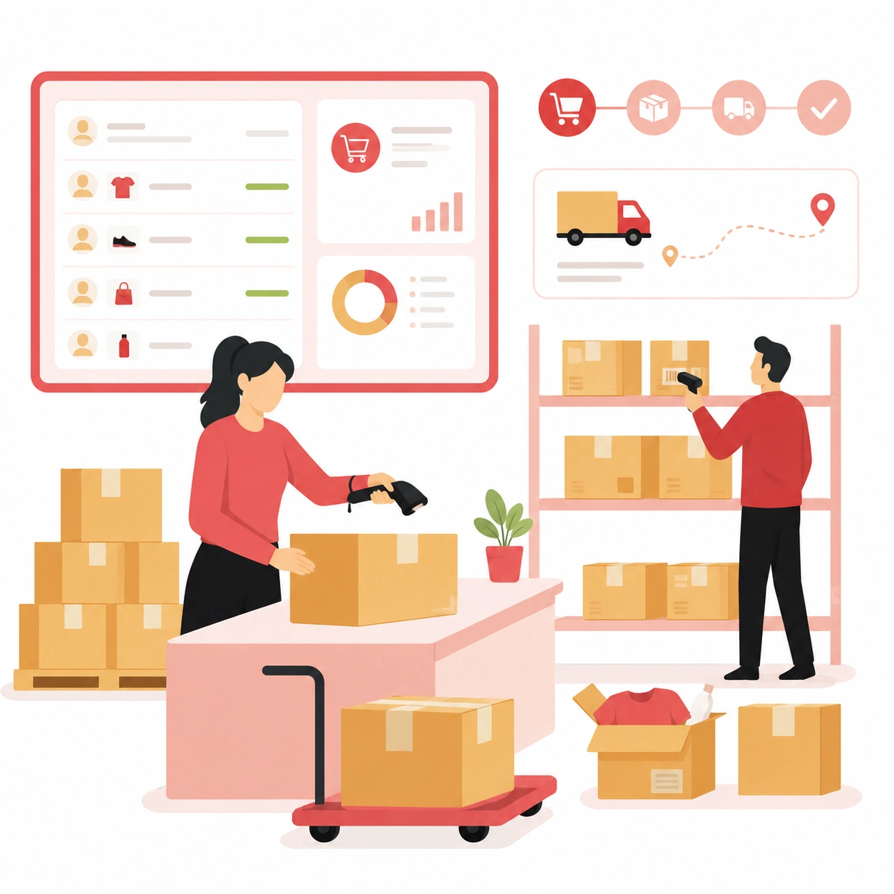 Warehouse staff scanning packages and fulfilling Shopify orders for accurate shipping and delivery