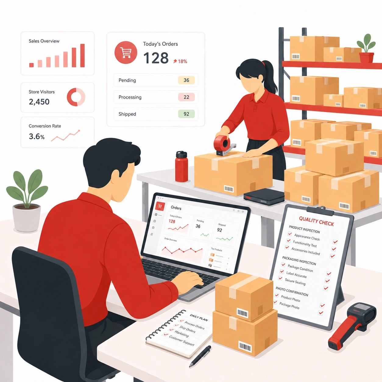 Growing ecommerce stores with daily orders, fulfillment tracking, packing workflow, and quality check requirements