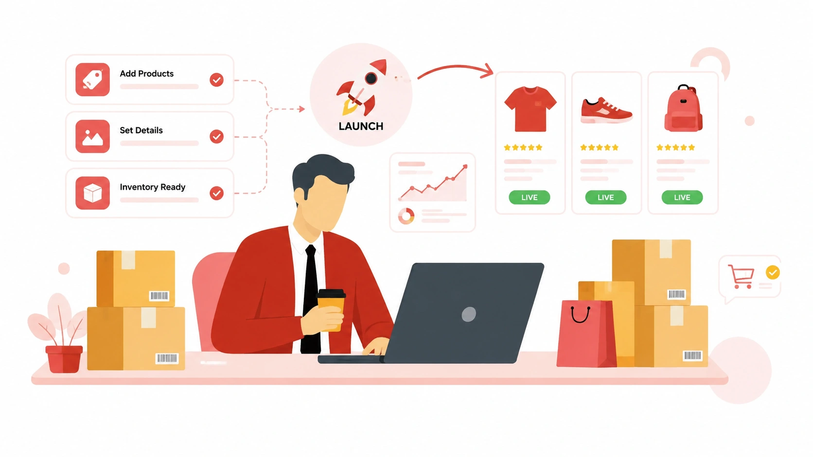 White label dropshipping banner showing product launch steps, ready inventory, and live product listings for faster ecommerce store setup