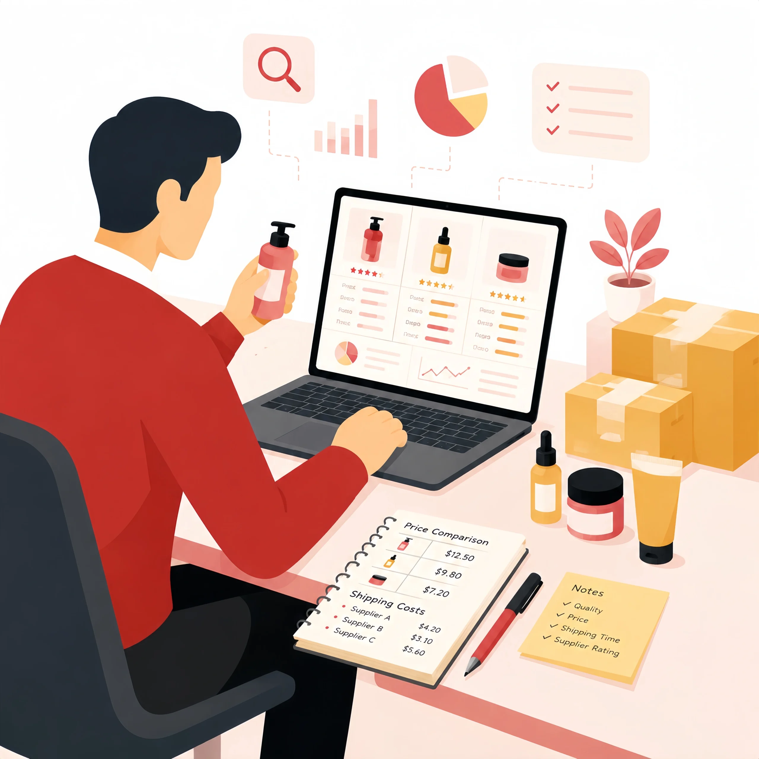 New sellers testing products with product research, price comparison, shipping cost notes, and supplier rating review
