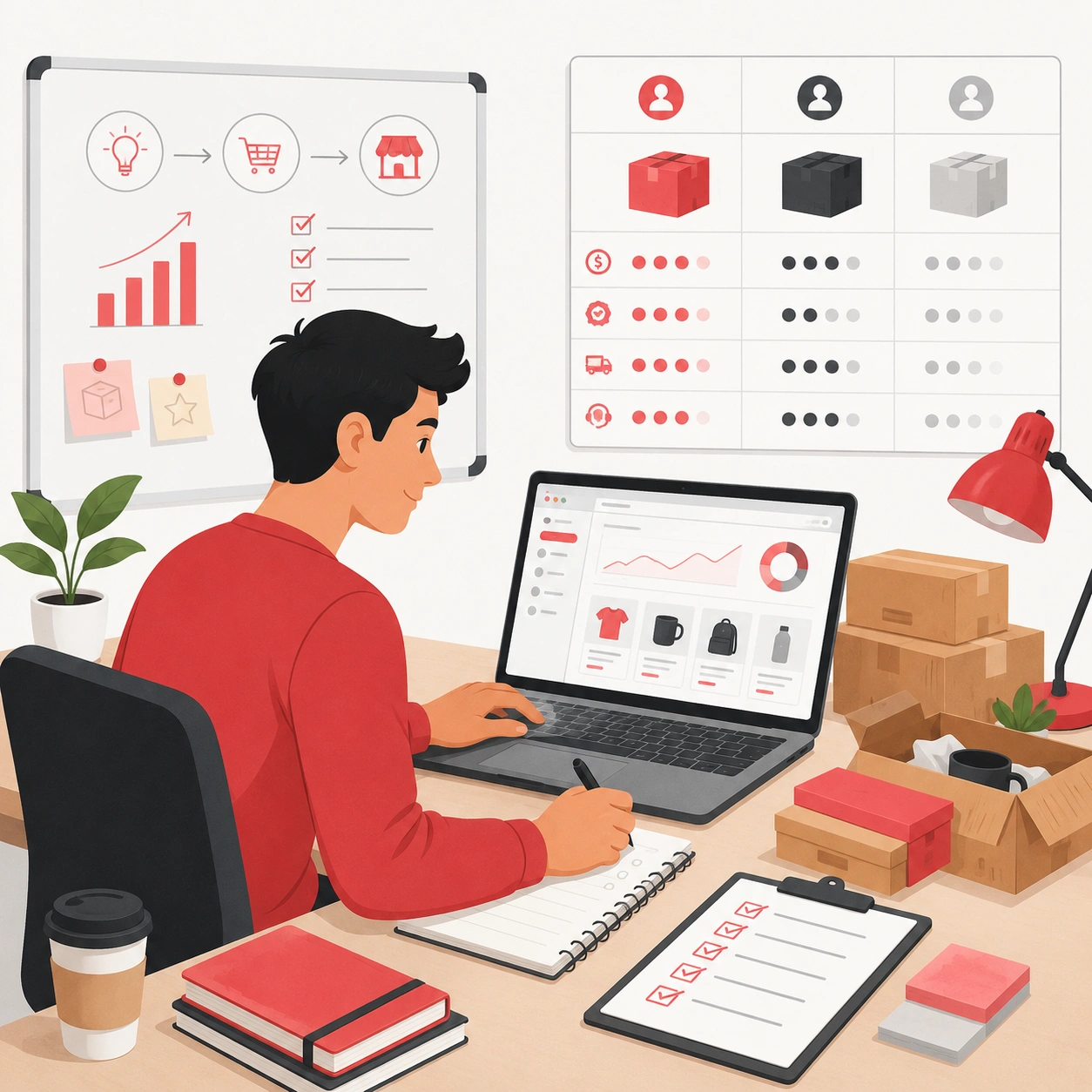 New seller working with a dropshipping partner to compare products, plan orders, and launch an online store
