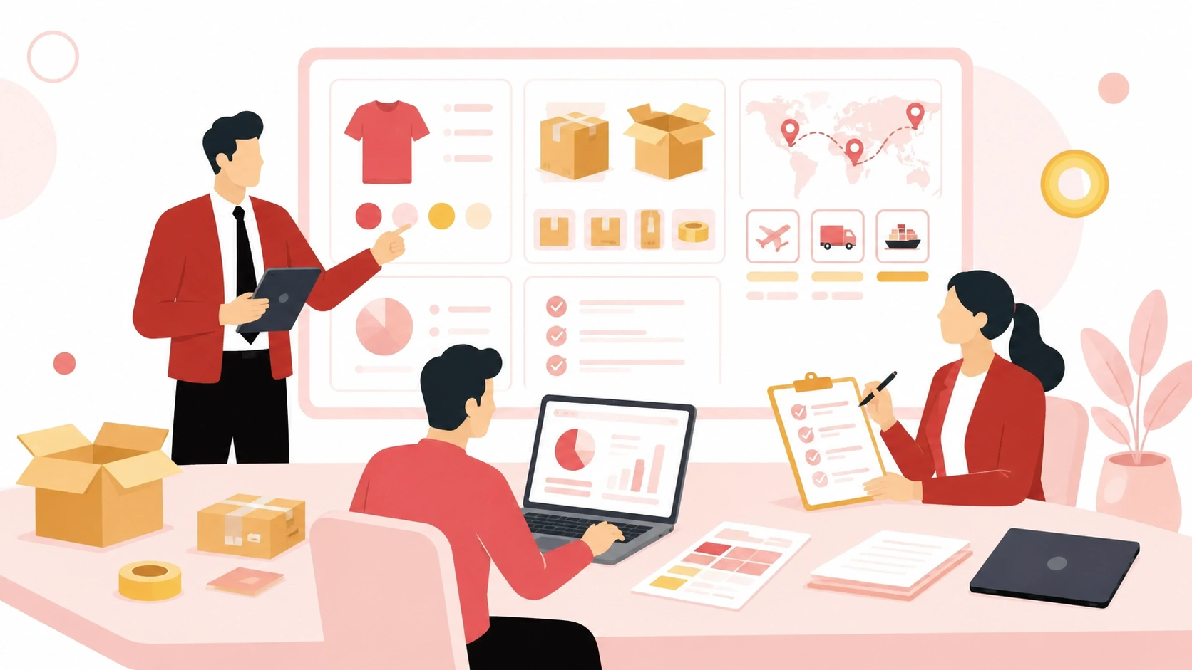 Dropshipping partner team organizing product, packaging, shipping, and order details for sellers