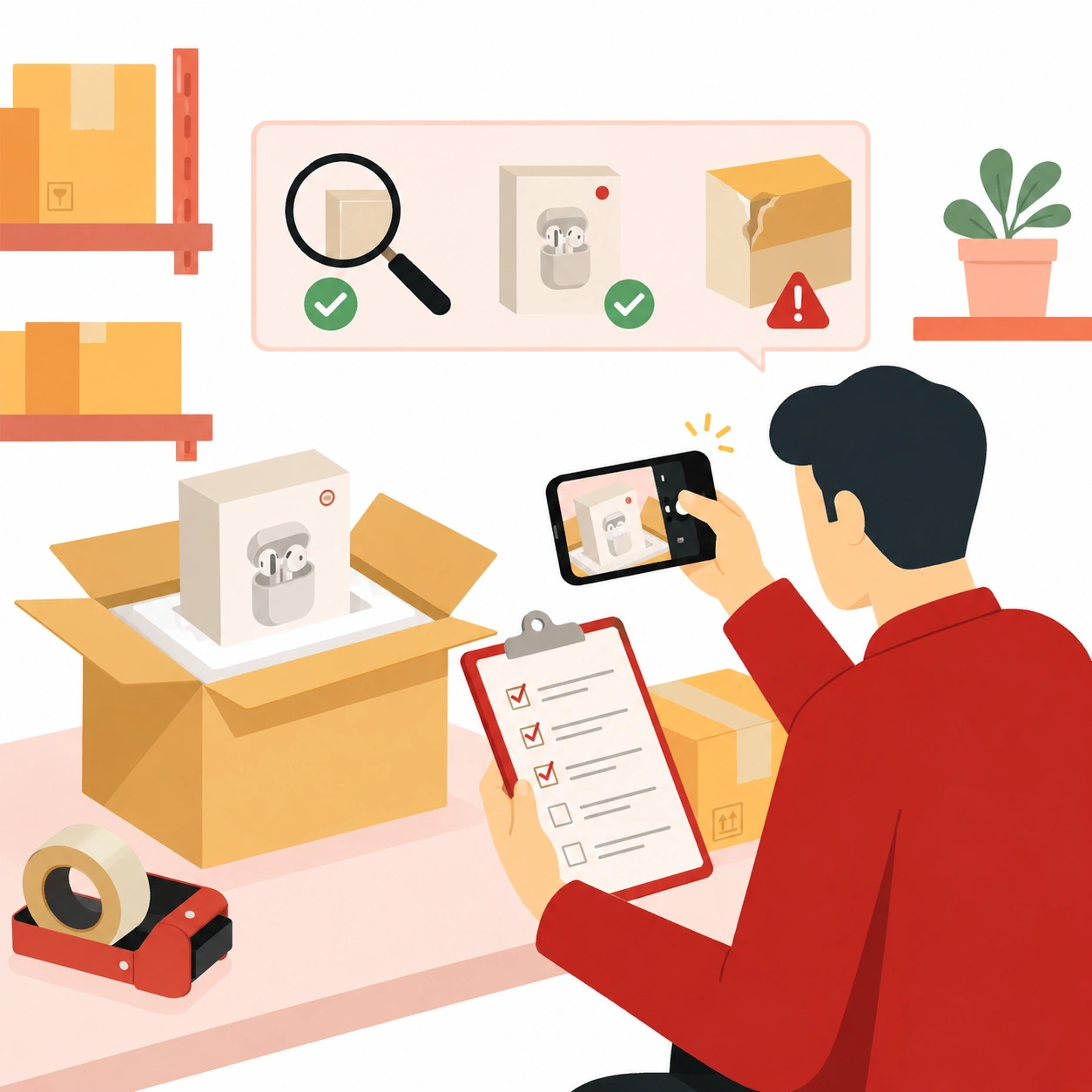 Quality inspection for Shopify orders checking product condition, packaging, and potential defects before shipping