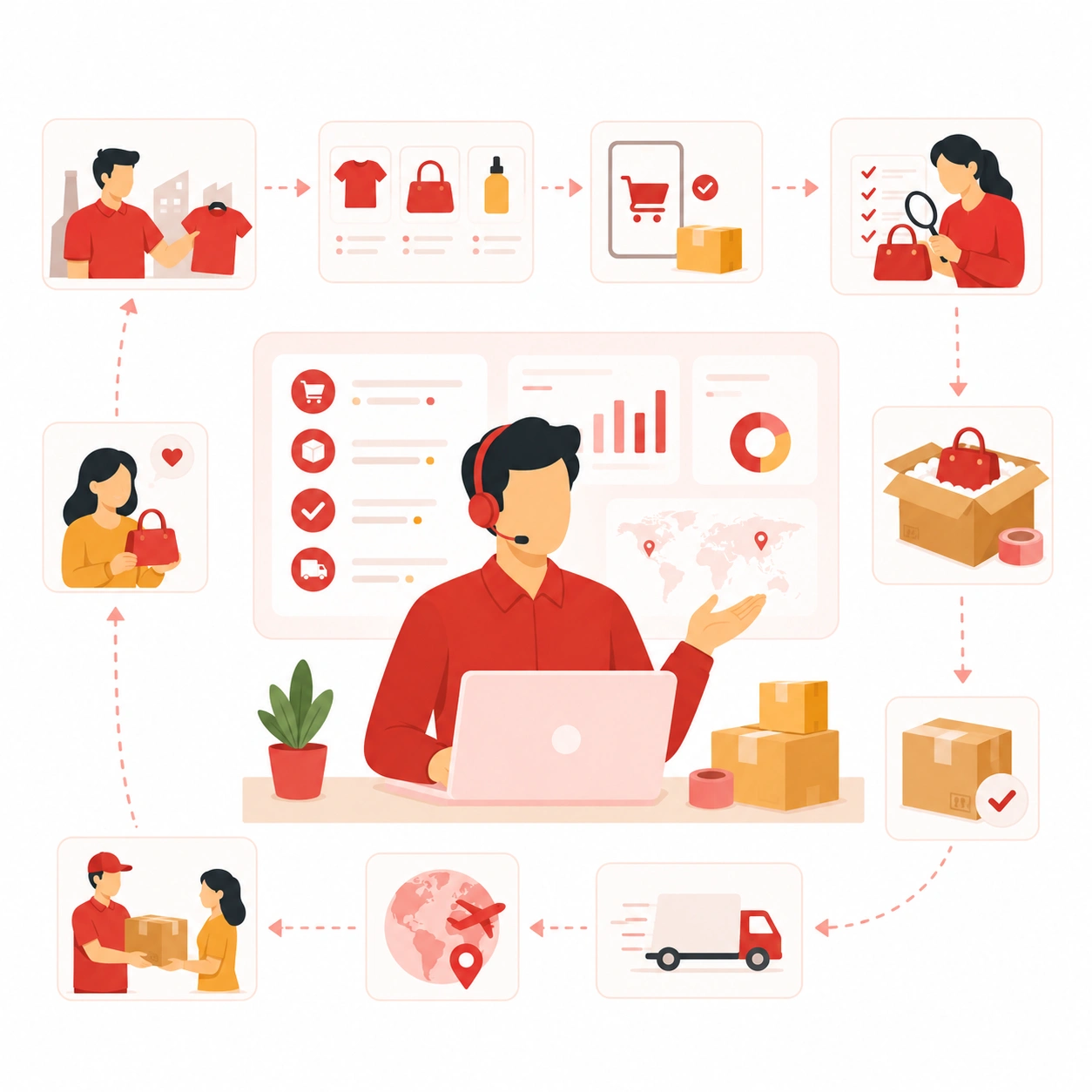 Shopify seller simplifying product sourcing, order fulfillment, quality checks, shipping, and customer delivery