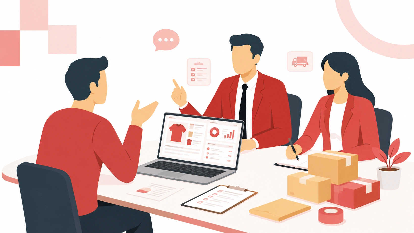 Dropshipping support team discussing product sourcing, fulfillment, packaging, and shipping needs with an ecommerce seller