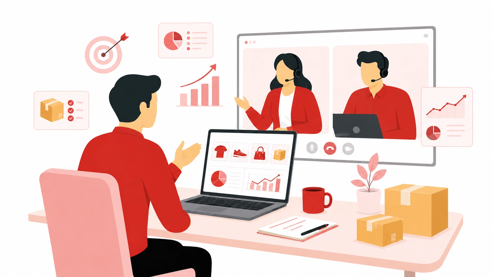 Dropshipping partner meeting with a seller online to understand business goals, products, and growth needs