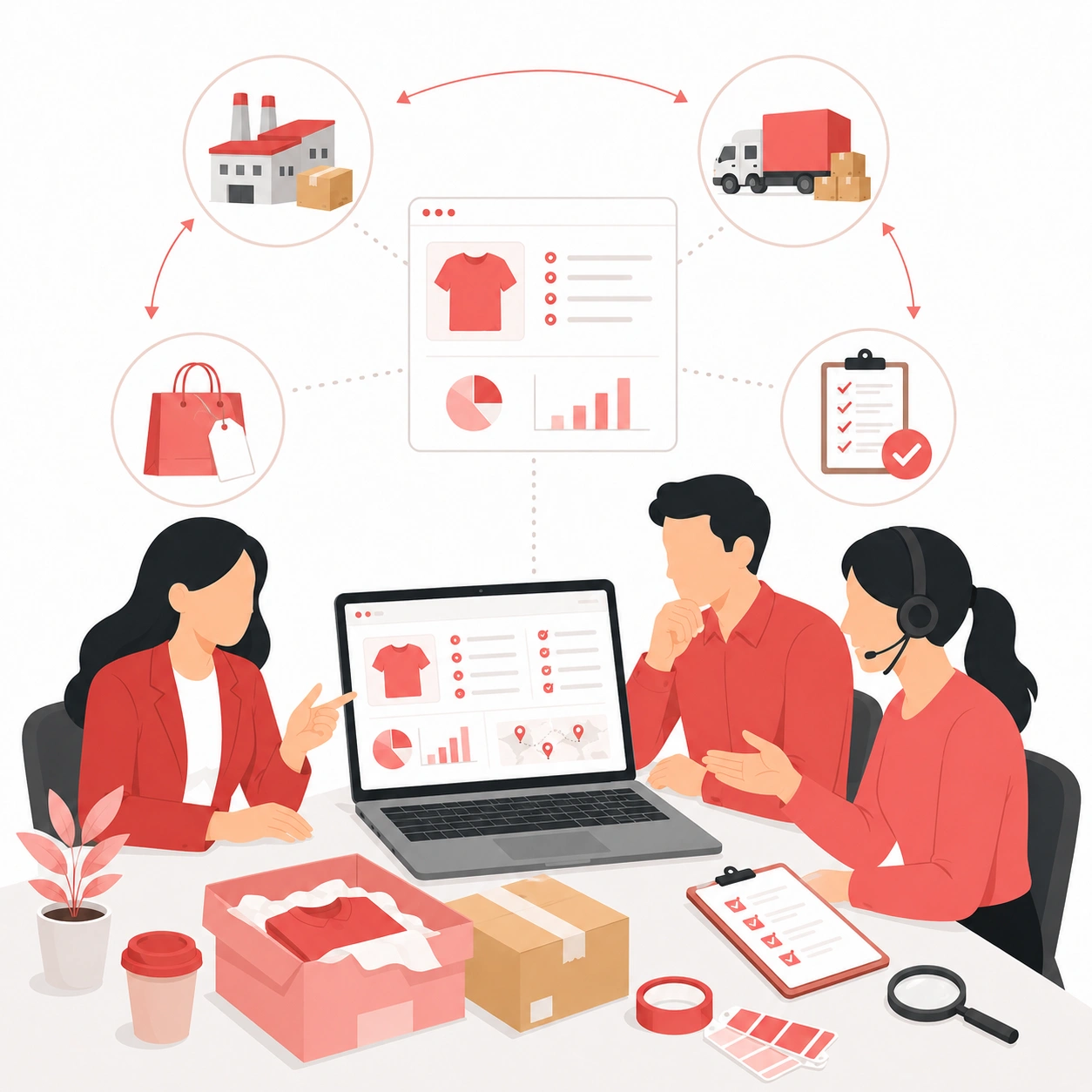 Dropshipping support team guiding a seller through sourcing, branding, quality control, fulfillment, and shipping options