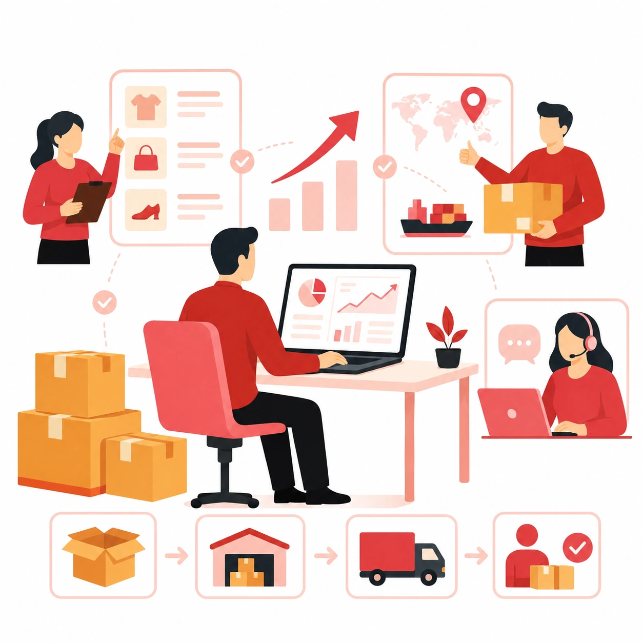 Dropshipping support team helping a seller move forward with sourcing, fulfillment, shipping, and business growth