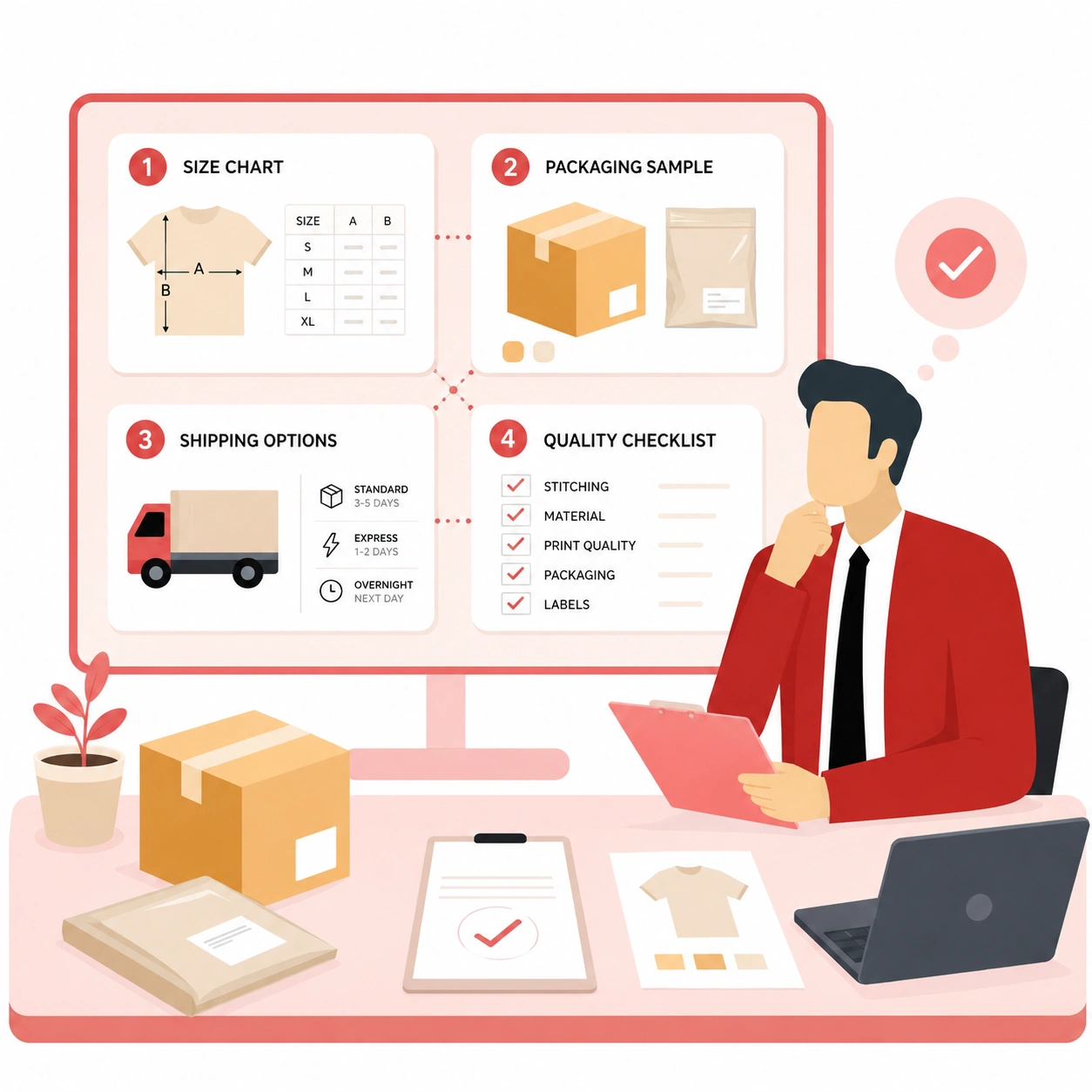 Attention to detail in ecommerce operations, including size charts, packaging samples, shipping options, and quality checklists