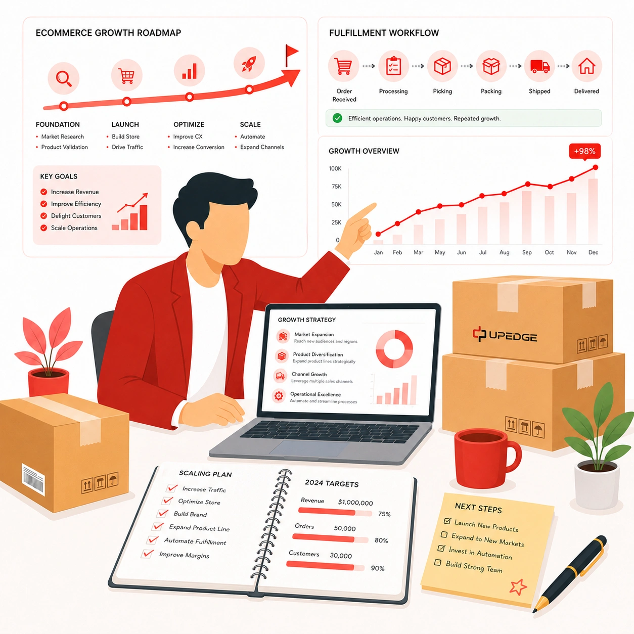 Long-term ecommerce growth roadmap with fulfillment workflow, scaling plan, growth strategy, and operational targets