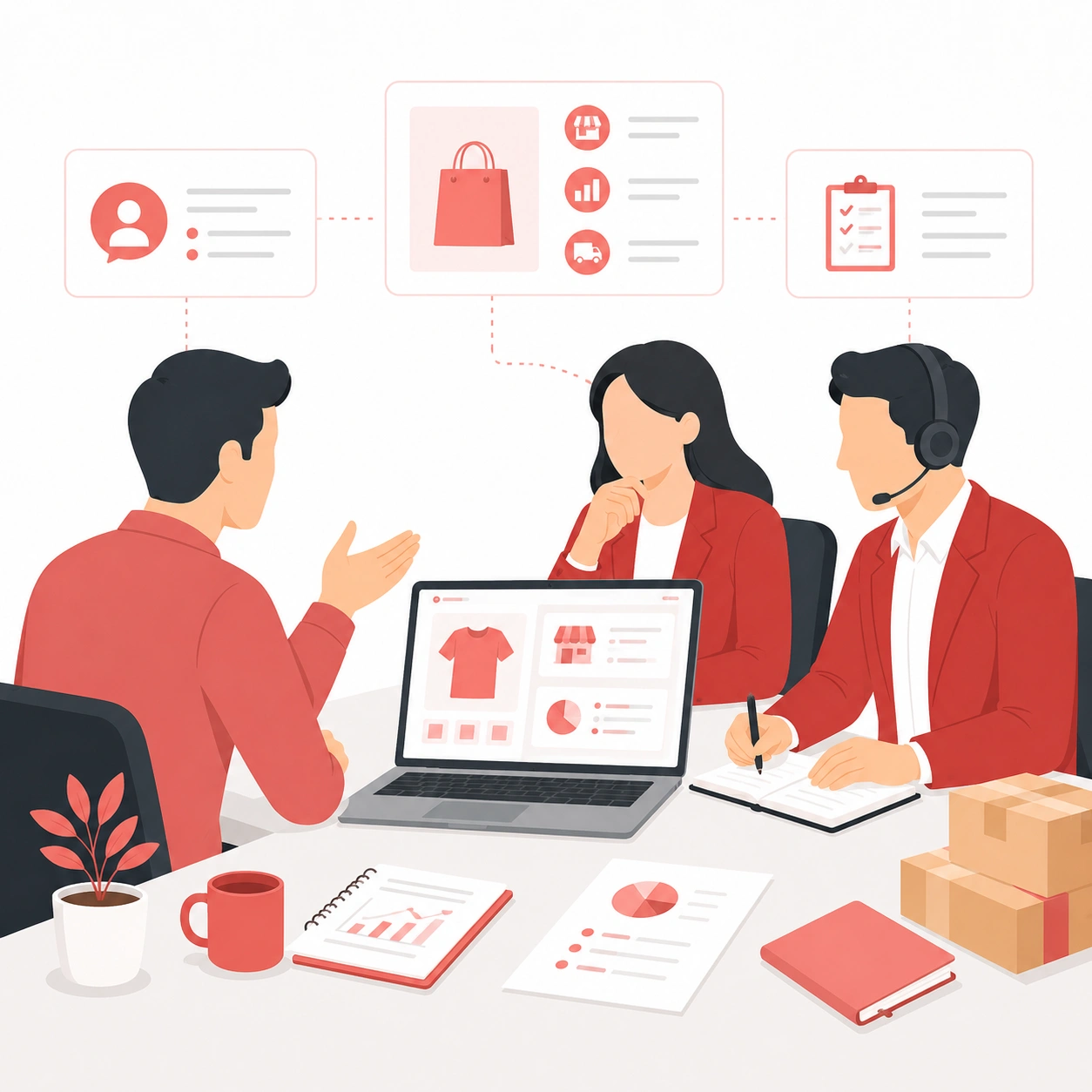 Dropshipping support team reviewing a seller inquiry, product details, store needs, and fulfillment requirements