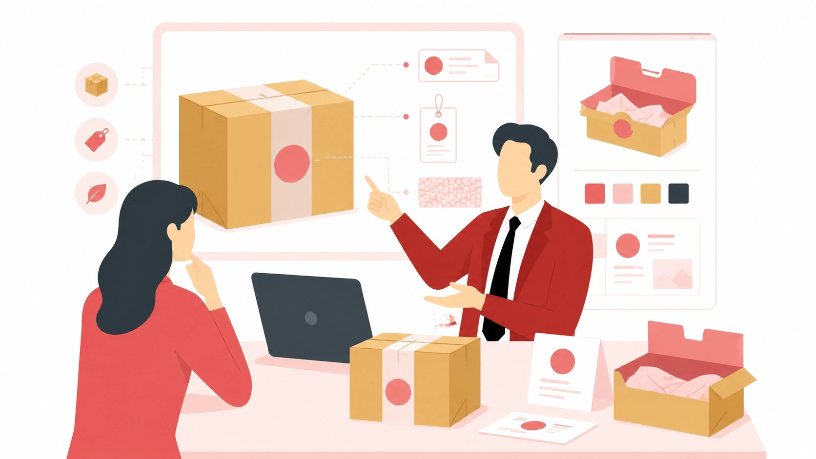 Dropshipping partner explaining custom packaging options, box design, and branded inserts to a seller
