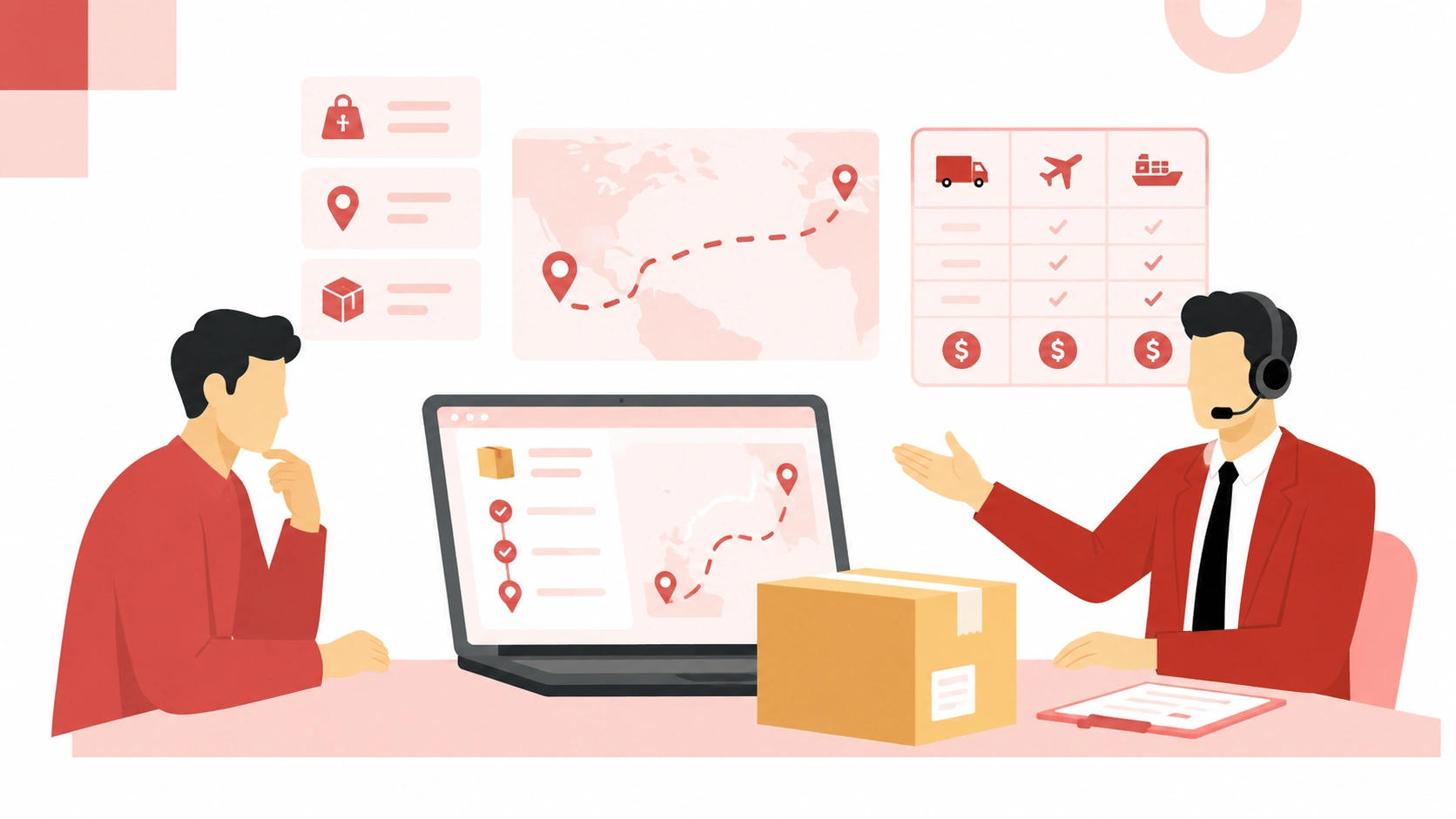 Dropshipping partner explaining shipping time and delivery estimates to an ecommerce seller with logistics map and fulfillment tracking system
