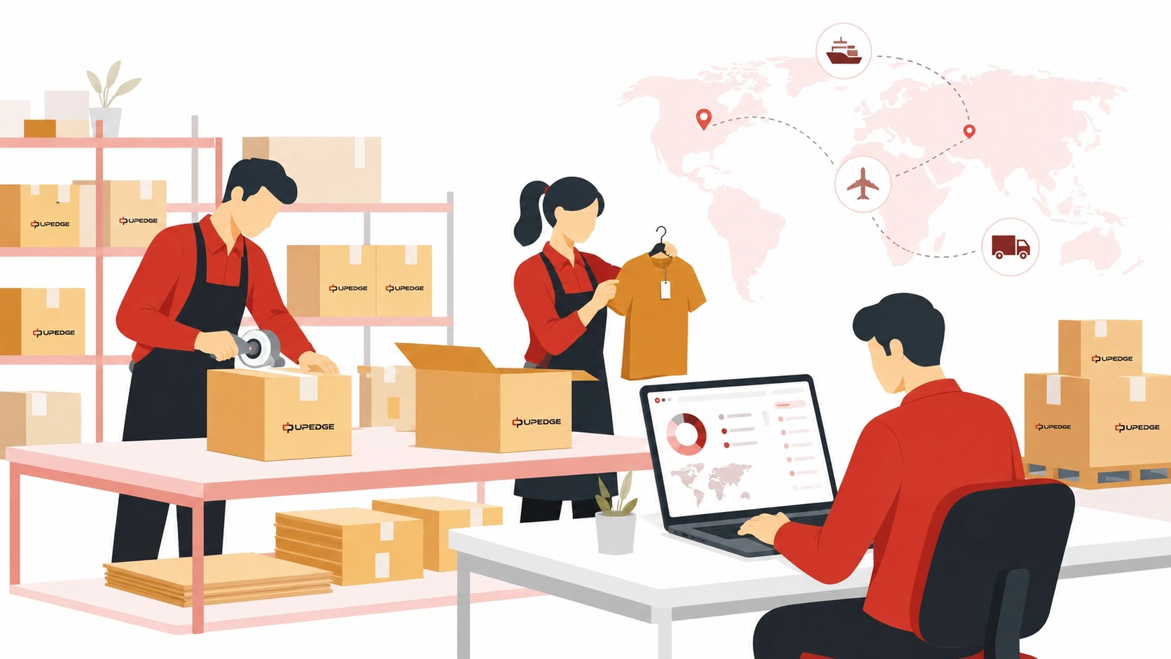 Dropshipping services banner showing product packing, order fulfillment, and global shipping for growing ecommerce stores