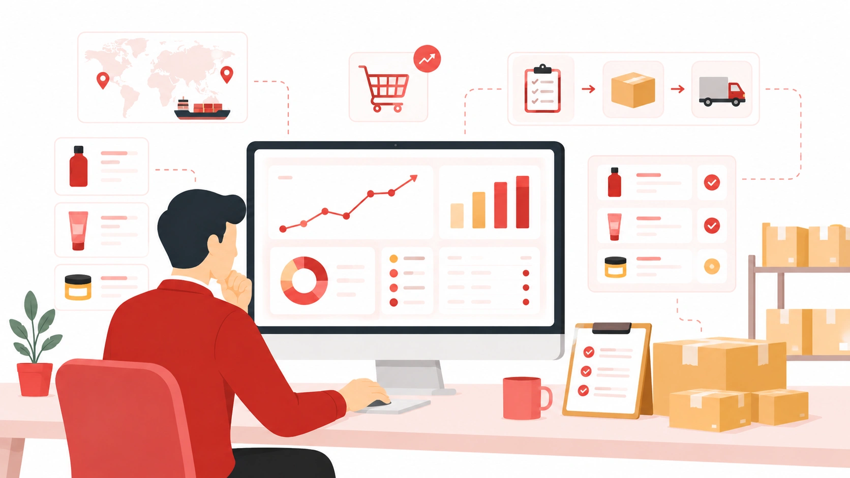 Dropshipping success stories banner showing ecommerce analytics dashboard, global logistics, and order fulfillment growth performance