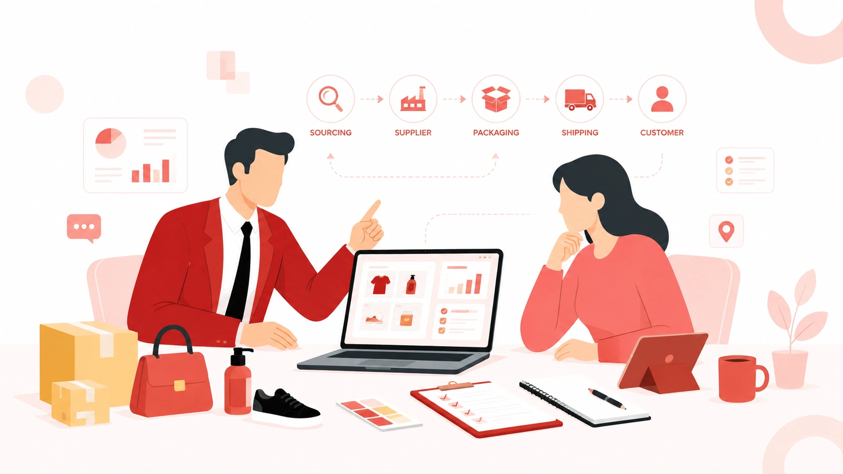 What we offer banner showing dropshipping sourcing, supplier coordination, packaging, shipping, and customer delivery support