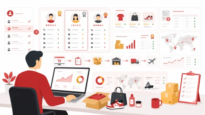 Seller comparing dropshipping agents by sourcing, quality checks, fulfillment, pricing, and global shipping performance