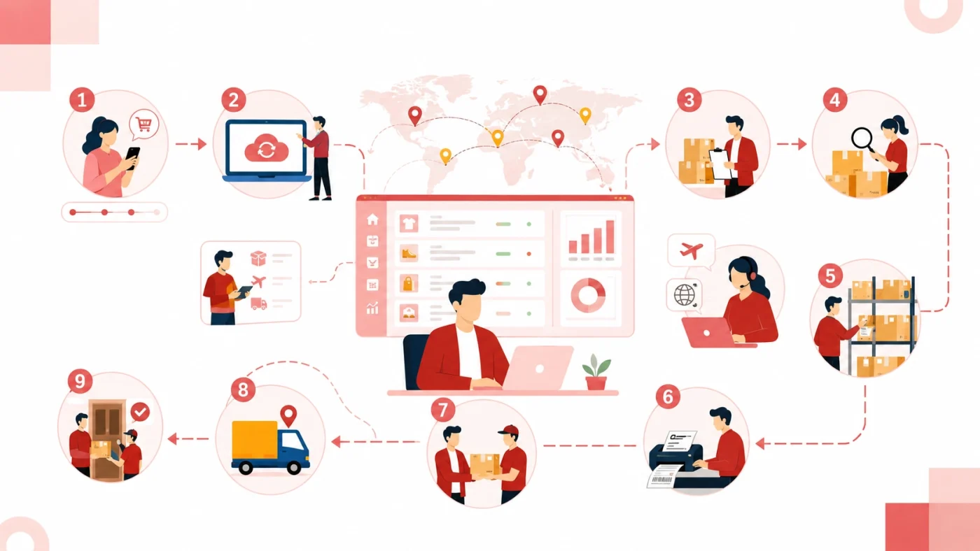 Shopify dropshipping fulfillment process from order sync and sourcing to inspection, shipping, and customer delivery