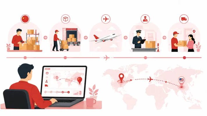 Dropshipping shipping route from China to the USA with warehouse processing, carrier handoff, and international delivery stages