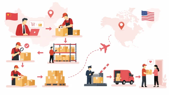 Dropshipping shipping process from China to the USA, including fulfillment, inspection, customs, transit, and customer delivery