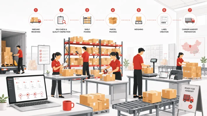 Dropshipping warehouse processing orders through receiving, quality inspection, picking, packing, weighing, labeling, and carrier handoff