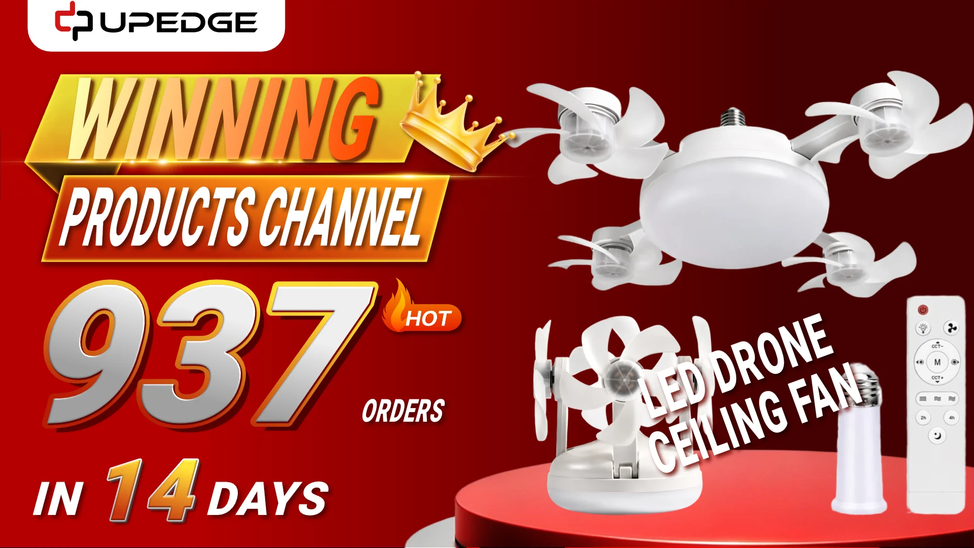 LED drone-style ceiling fan with multiple blades, integrated lighting, and remote control, featured as a trending product